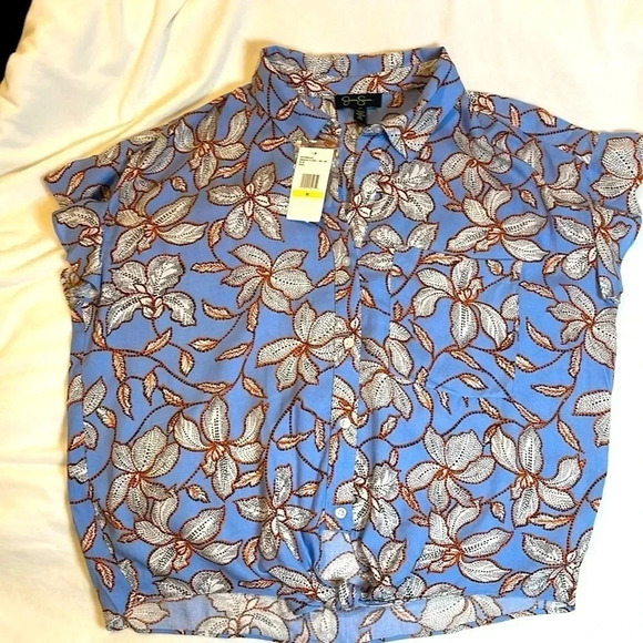 JESSICA SIMPSON SHORT SLEEVE BUTTON DOWN BLUE FLORAL BLOUSE WOMENS SIZE M NWT - Picture 3 of 5